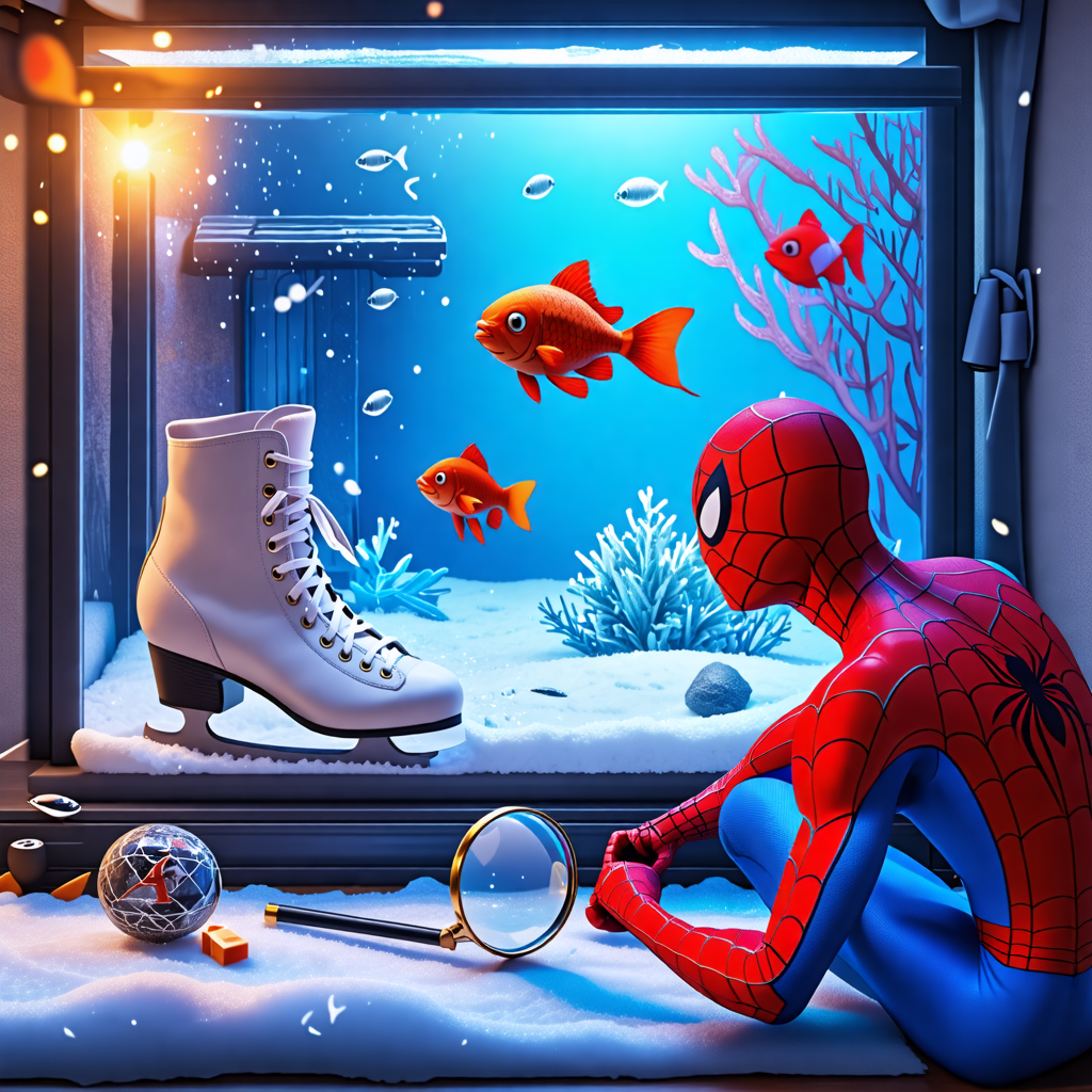 fish tank, magnifying glass, ice skate, house, spiderman